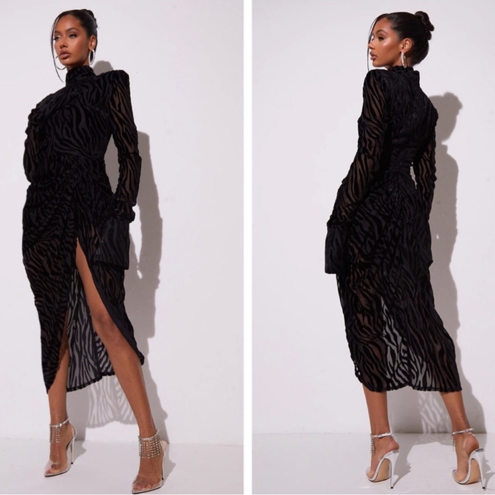 NWT🖤PrettyLittleThing Black Zebra Devore High Neck Draped Midi Dress Sz 4US - Picture 2 of 13